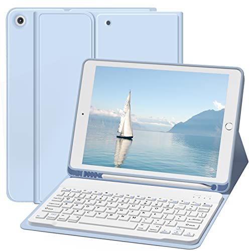 ZOYU iPad 9.7 Case with Keyboard, iPad 6th Gen 2018/5th Gen 2017, Auto Wake/Sleep, Wireless Bluetooth Detachable Keyboard & Folio Smart Case with Pencil Holder, for iPad Air 2/iPad Air 1 - Sky Blue
