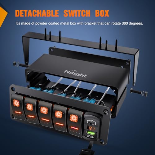 Nilight 5 Gang Rocker Switch Box 12V SPST ON Off Toggle Switches PD Type C and QC 3.0 USB Sockcet Voltmeter Orange LED Light Waterproof Aluminum Mount Bracket Panel DIY Stickers for Boat Car RV Truck by Nilight - Image 2