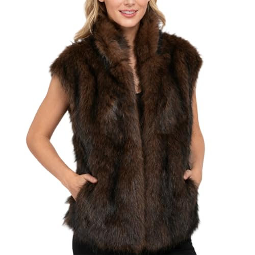 Amazhiyu Chaleco de piel sintética para mujer, cárdigan de invierno abierto con bolsillos, sin mangas, cuello en V, chaleco esponjoso, marrón, L