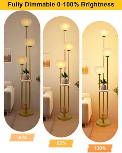 Image of Gold Floor Lamp with Table, Modern Dimmable Floor Lamps with Pumpkin Lampshade, 3000K Soft Warm White Bulbs Included, 3-Light Tall Standing Lamp with 5Lbs Heavy Base for Living Room /Bedroom