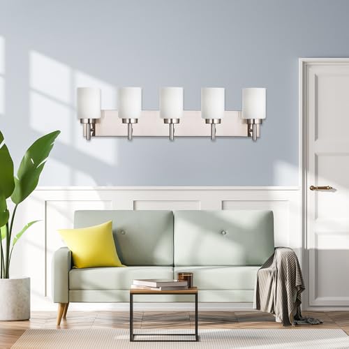 Image of 5 Light Bathroom Light Fixtures in Brushed Nickel Finish Metal Base Wall Mount Lighting with White Glass Shade Bath Wall Sconces for Mirror, Kitchen,Hallway