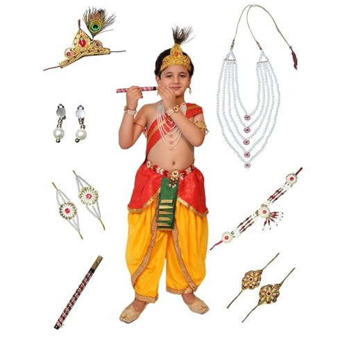 Image of Kaku Fancy Dresses Krishna Costume With Dhoti For Boy /Janmashtami /Bal Gopal Dress /Kanha Costume /Bal Krishna /Mythological Costume For Boy - Yellow-Red, 1-2 Years