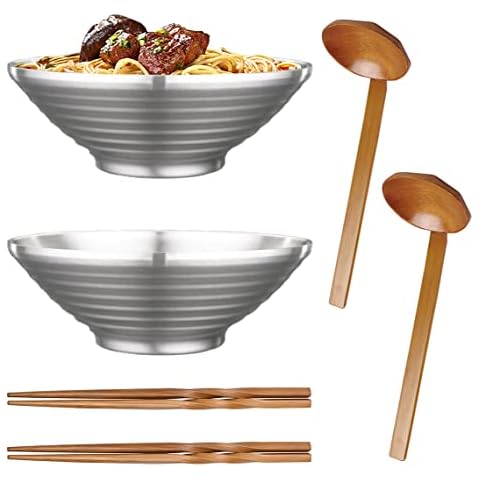 UPTALY 2 Sets Large Japanese Noodle Bowls (10 inch, 68 oz), Silver Color, 18/10 (SUS304) Stainless Steel, with Matching Bamboo Spoons and Chopsticks, for Ramen, Udon and Soba Cover