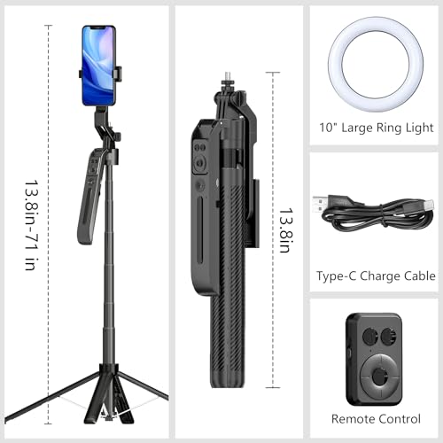 Image of Auto Face Tracking Self Stick Tripod for iPhone with 10 inch Ring Light Hands-Free 360Adjustable 70.9 Inch Smart Phone Stand with Remote for Content Creator Vlog Video Recording