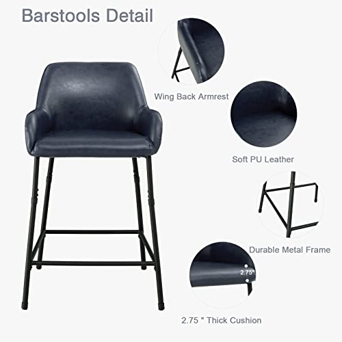 Oulluo Bar Stools Set Of 2, Counter Height Bar Stools,Upholstered Kitchen Counter Stool,24 In Bar Stools With Back,Blue Faux Leather Armrest Bar Chair,Metal Stools For Island,Home Bar,Restaurant,303Bl #TOP6