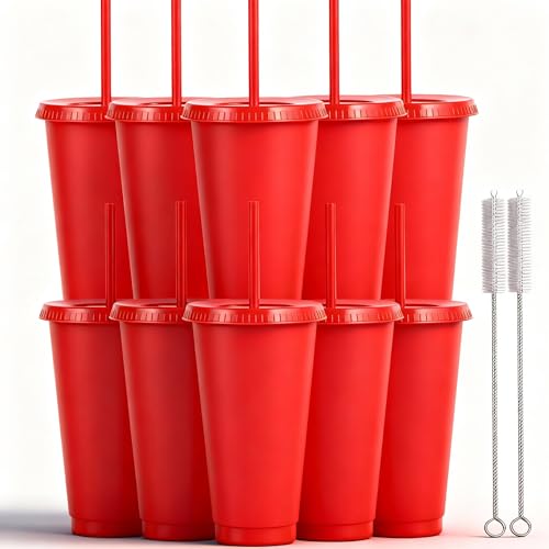 Yisituo Lot de 10 gobelets avec couvercle et paille, 710 ml, réutilisables, en plastique, pour smoothies, café, fête et voyage, 10, rouge