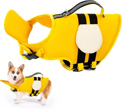 犬 救命胴衣 犬用ライフベスト 犬用ライフジャケット 高浮力 持ち手付き 反射テープ付き 高視認性 調節可能 犬用ライフセーバー 水泳の練習用品 水遊び プール 海 川遊び フローティングベスト 犬の安全を守る 小型犬 中型犬 大型犬 (イェロー,L)