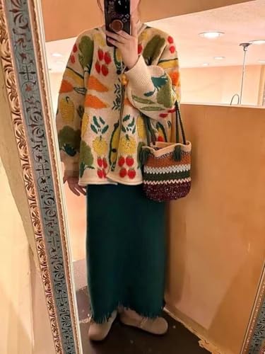 Women Flower Fruit Embroidery Sweater Button Down Oversized Cardigan Knitted Long Sleeve Winter Top Knitwear2