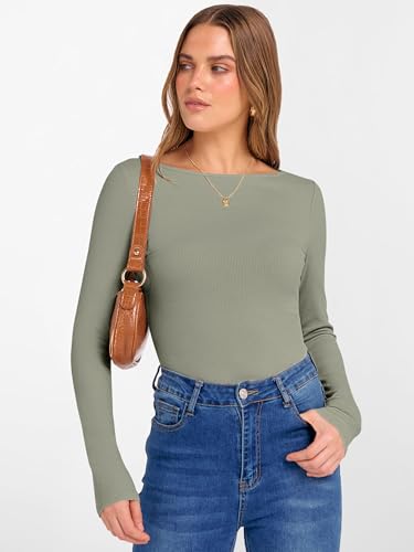 Image of ANRABESS Women's Boat Neck Long Sleeve Shirts Rib Knit Slim Fitting Tops Basic Tees 2026 Casual Comfy Fall Outfits Clothes