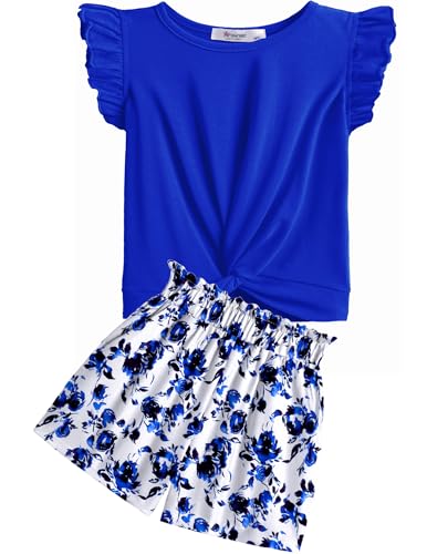 Arshiner Girls 2 Pieces Summer Bluey Flower Outfits Twist Front Ruffle Sleeve Tops Shorts Set with Pockets for Kids 13-14Y