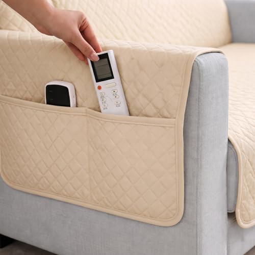 Image of STITCHNEST 'Airsoft Range Series' Solid Quilted Velvet Sofa Cover for 3 Seater | Premium Soft Velvet Sofa Protector | Beige Diamond Quilted Design with Armrest Pockets | Furniture Cover
