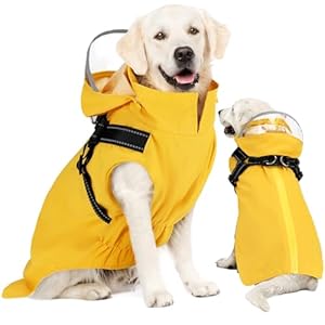 SlowTon Dog Raincoat – Dog Rain Coat with Harness Built-in, Removable Hood Waterproof Zipper Rain Jacket, Lightweight Rain Poncho with Reflective Brims for Small Medium Large Dogs (Large)