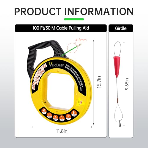 image for Yelodeer Fish Tape Wire Puller 100 FT x 4.5 mm with Gloves, PET Wire F