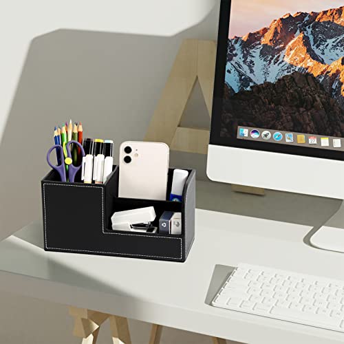 Office Desk Organizer, Gorese Pen Holder For Desk Cute, Leather Desktop Organizers With Remote Control Holder, Desk Supplies Organizer For Office Accessories Organization Small Caddy Storage Box Black #TOP7