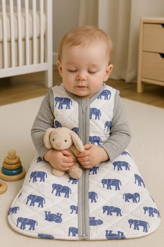 Image of TuddyBuddy Baby Cotton Wearable Quilted Sleeping Bag Blanket 1.5 Tog with 1 Way Zipper Closure | Ideal for Babies & Kids Hypoallergenic Fabrics | (Blue Elephants, 12-18 Months)