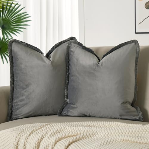 JUSPURBET Pack of 2 Gray Decorative Fringe Velvet Throw Pillow Covers 20x20 for Home Decor Living Room Bedroom Car Boho Soft Cushion Cover with Hidden Zipper Machine Washable by JUSPURBET - Used condition - US$15.75