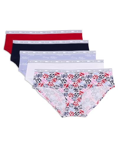 Tommy Hilfiger Womens Classic Cotton Hipster Underwear with Logo Waistband 5-Pack, Tattoo Elements Bright White/Bright White/Brunerra Blue TH Calligraphy/Heather Grey/Apple Red, Small