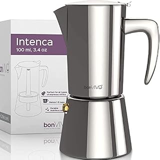 bonVIVO Zaparzacz do espresso nadaje się do kuchenek indukcyjnych ze stali nierdzewnej o wyglądzie chromu z czajnikiem i sitkiem dzbanek do mokki 2 filiżanki 100 ml prezenty bożonarodzeniowe