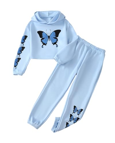 YOURUIKEY Girls' Clothing Set Crop Tops Hoodies Butterfly Print Sweatshirt Blue Sweatpants Fall Winter Outfit Tween Girl Clothes 11-12