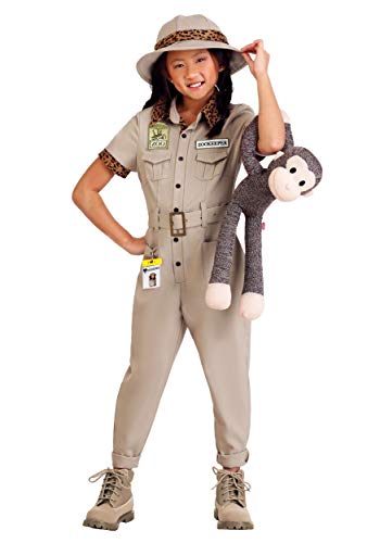 Fun Costumes Girls' Safari Zookeeper Costume - Khaki Jumpsuit with Leopard Print Accents - Beige, Large
