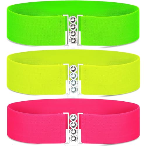 Syhood 3 Pcs 80s Neon Belts for Women 80s Waist Stretch Wide Waistband with Vertical Clasp Buckle Belts for Party Accessories(Green, Yellow and Pink,3 Pieces)