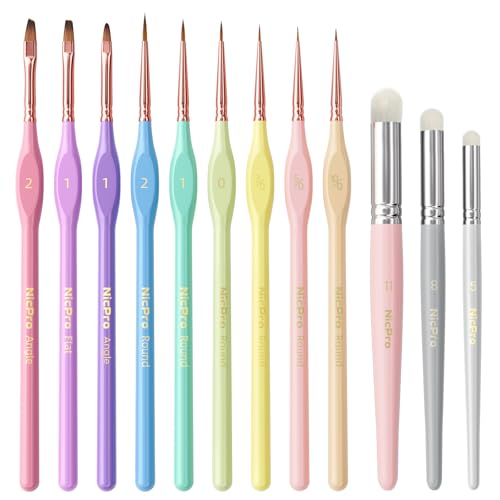 Nicpro 12PCS Fine Detail Paint Brush Drybrush Set, Aesthetic Pastel Fine Tip Miniature Paint Brushes for Acrylic Oil Watercolor, Crafts, 40K Models, Miniatures, Rock Painting, Paint by Numbers