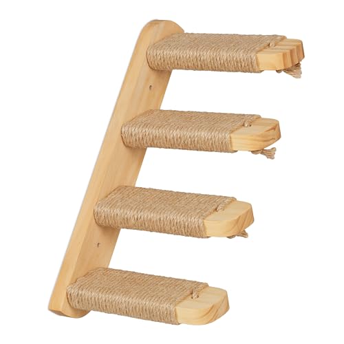 Relaxdays Katzentreppe, Wand, Katzenleiter 4 Stufen, HBT: ca. 29x34x22,5 cm, Zubehör für Kletterwand, Holz & Jute, Natur