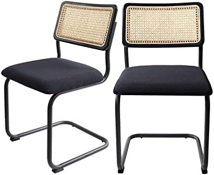 GrandNoor Rattan Dining Chairs,Wooden Mid-Century Modern Kitchen Chairs, Armless Mesh Back Cane Chairs, Upholstered Boucle Chairs with Metal Chrome Legs, Set of 2 (Black, 2PCS-Dining Chairs)