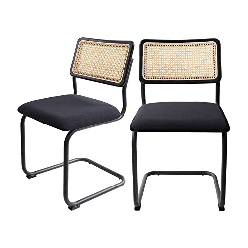 Grandnoor Rattan Dining Chairs,Wooden Mid-Century Modern Kitchen Chairs, Armless Mesh Back Cane Chairs, Upholstered Boucle Chairs With Metal Chrome Legs, Set Of 2 (Black, 2Pcs-Dining Chairs) #TOP19