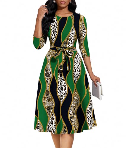 Image of Casual Dresses for Women Midi Church A-Line Fit and Flare Dress Crewneck 3 /4 Sleeve Party Dress