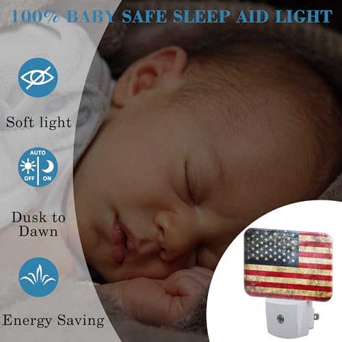 Image of Vintage American Flag Night Light for Kids Girls Boys, Retro USA Flag LED Night Light Plug into Wall with Dusk to Dawn Sensor for Room, Hallway, Kitchen, Bathroom, Stairs Decor