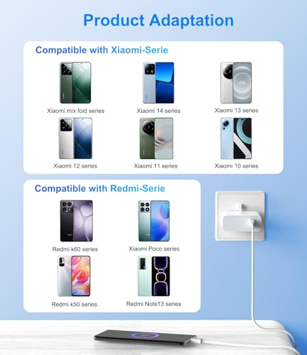 90W USB Fast Charger Compatible with Xiaomi 15 Ultra 15 Pro 14T 14 Ultra, Turbo Charging for Redmi Note 14 13 12 11 Poco X7 F7 X7 Pro X6 F6 Pad 7 Wall Charger with 6A Type C Charging Cable 1M - Image 3