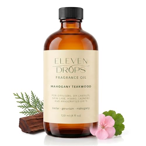 Eleven Drops Mahogany Teakwood Fragrance Oil | Cedar Geranium & Mahogany Notes | Long Lasting Scent Reed Diffuser Oil for Home Office Hotel Car & Linen Spray | Pet Friendly IFRA Compliant 4 oz