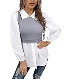 YOXUA Women's Patchwork Button Down Shirt Long Sleeve Collared 2 in 1 Style Ribbed Pullover Peplum Tops Blouse White