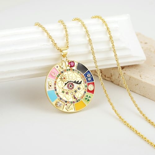 HZMAN Evil Eye Necklace for Women Retro Enamel 18K Gold Plated Round Medal Necklace Pendant Good Luck Amulet Jewelry Gift4
