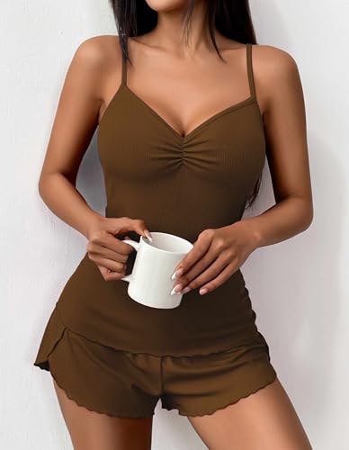 Image of Ekouaer Womens Cami Pajama Sets 2 Piece Ribbed Knit Lingerie Sleeveless Tank Top and Shorts Camisole Pjs Sleepwear