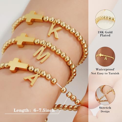 Gold Initial Bracelets for Women Girls - 18K Gold Plated Cross Initial Bracelet Dainty Beaded Bracelet Gold Bracelets for Women Teen Girl Gifts 6