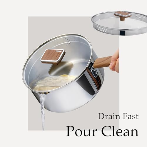 Image of CAROTE1.5Qt & 3Qt Stainless Steel Saucepan Set, Triple Ply Stainless Steel Pot, Saucepan with Glass Lid, Small Sauce Pot with Wooden Handle, Easy Pour Rim