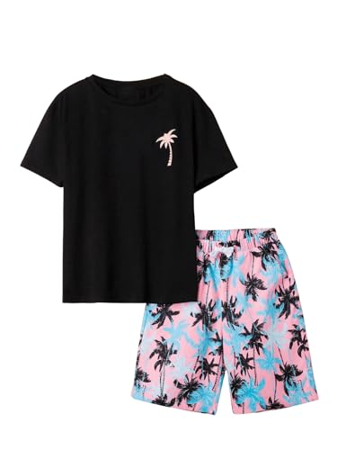 Image of RoseSeek Boy's 2 Piece Outfits Letter and Tropical Graphic Tees and Shorts