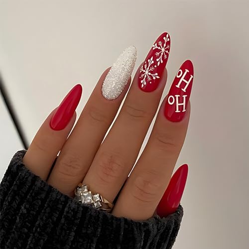 Christmas Press on Nails Long Almond Fake Nails White Snowflake Acrylic Nails Red Winter Xmas Glue on Nails Reusable Stick on Nails for Women DIY New Year Manicure