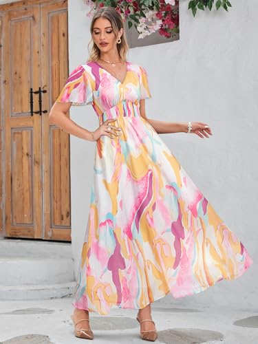 Image of Simplee Women's Boho Floral Maxi Dress Flowy Casual V Neck Short Sleeve Wedding Guest Holiday Beach Long Dress