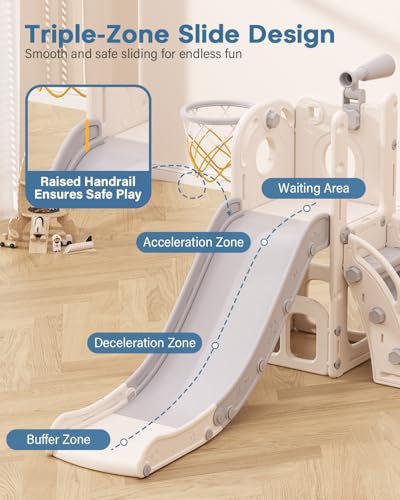Babytronic Toddler Slide, 6 in 1 Kids Indoor Slide for Toddlers 1-3, Baby Indoor and Outdoor Climber Playset, Kids Slide with Basketball Hoop and Telescope, Toddler Outdoor Playground(White&Gray) - Thumbnail 4