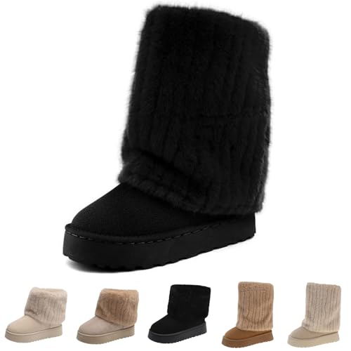 Women's Faux Fur Mid Calf Snow Boots - Round Toe Suede Warm Fur Lined Platform Flat Comfort Outdoor Winter Fashion Boots
