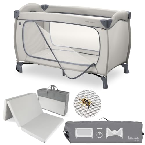 hauck Baby Reisebett Set Sleep N Easyfold inkl. Matratze & Insektenschutz | schnell faltbares Kinder Reisebett mit Rollen, Seiteneingang & Transporttasche – Dark Grey