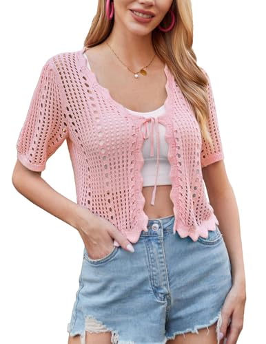 Image of Kate Kasin Women Crochet Shrug Knit Sweater, Short Sleeve Cropped Cardigan | Tie Front Tops Light Weight, Knit Cover Up Arm Bolero For Evening Dresses Dressy Casual, Ladies Eyelet Shawl Thin Formal