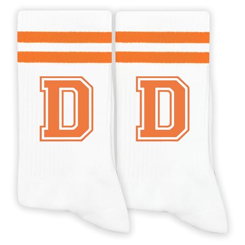 GRXXPIP Orange Initial Stripes Socks with Letter D, Retro Athletic Style Socks, Personalized Gifts for Birthday, Christmas, Back-to-school Season, or Just Because, Sporty Daily Wear.(003)