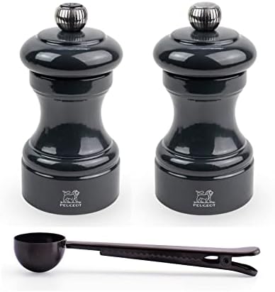 Peugeot Bistro Manual Salt & Pepper Mill Gift Set, Gloss Painted Wood, 10 cm - 4″- With Stainless Steel Spice Scoop/Bag Clip (Slate Lacquer)