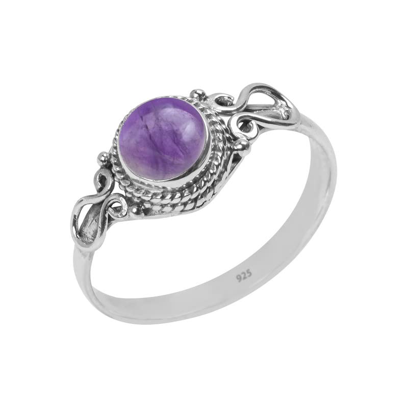 Amethyst Stone Ring, Handmade 925 Sterling Silver Rings for Women Girls, Natural Gemstone Ring US size 6 Solitaire Ring, Round Stone Ring, Minimalist Birthstone Gift Jewelry for her (Amethyst, Size 6) - Main View