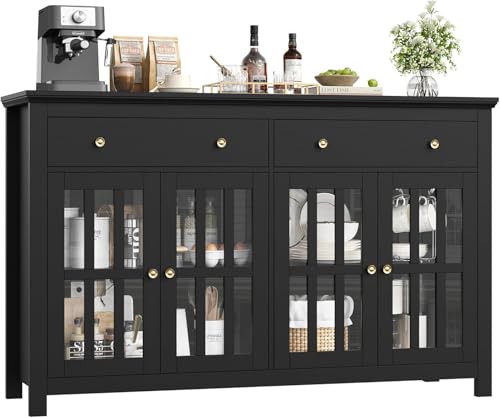 FirFurd 140cm Aparador Cocina, Vitrina Salón, con 2 Cajones y 4 Puertas de Cristal, Muebles de Salón, Aparador Comedor, Mueble Recibidor, con Estantes Ajustables (Negro)