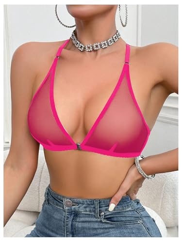 Image of SOLY HUX Women's Sheer Mesh Through Bra Sheer Bralette Front Closure Deep V Neck Wireless Lingerie Sexy Lingerie Bra